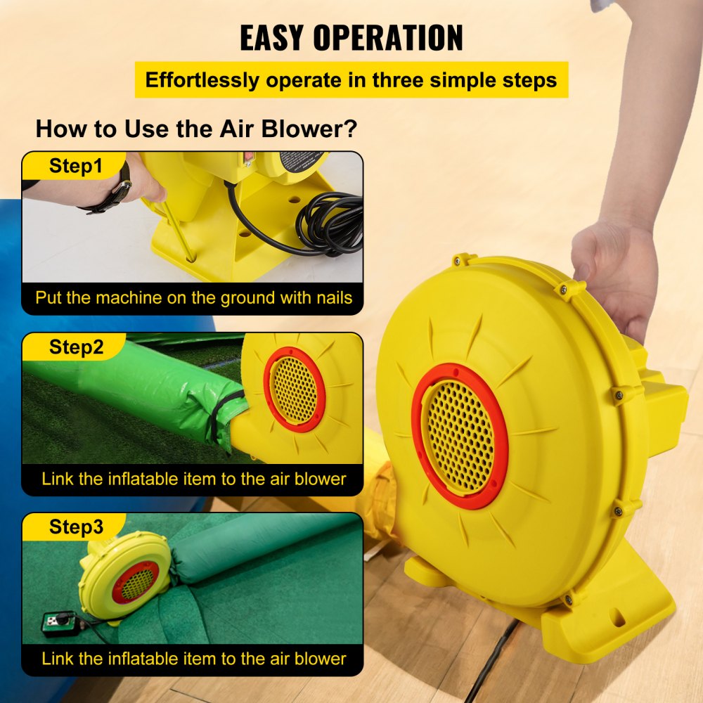 Air Blower 450W 0.6HP Inflatable Blower Portable Powerful Bounce House Blower 1750Pa Commercial Air Blower Pump Fan for Inflatable Bouncy Castle and Jump Slides Yellow