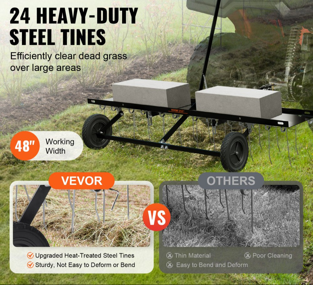 Tow Behind Dethatcher, 48-inch Tow Dethatcher with 24 Spring Steel Tines, Lawn Dethatcher Rake for ATV or Mower, Tow Behind Lawn Rake with Lift Handle for Garden Farm Grass