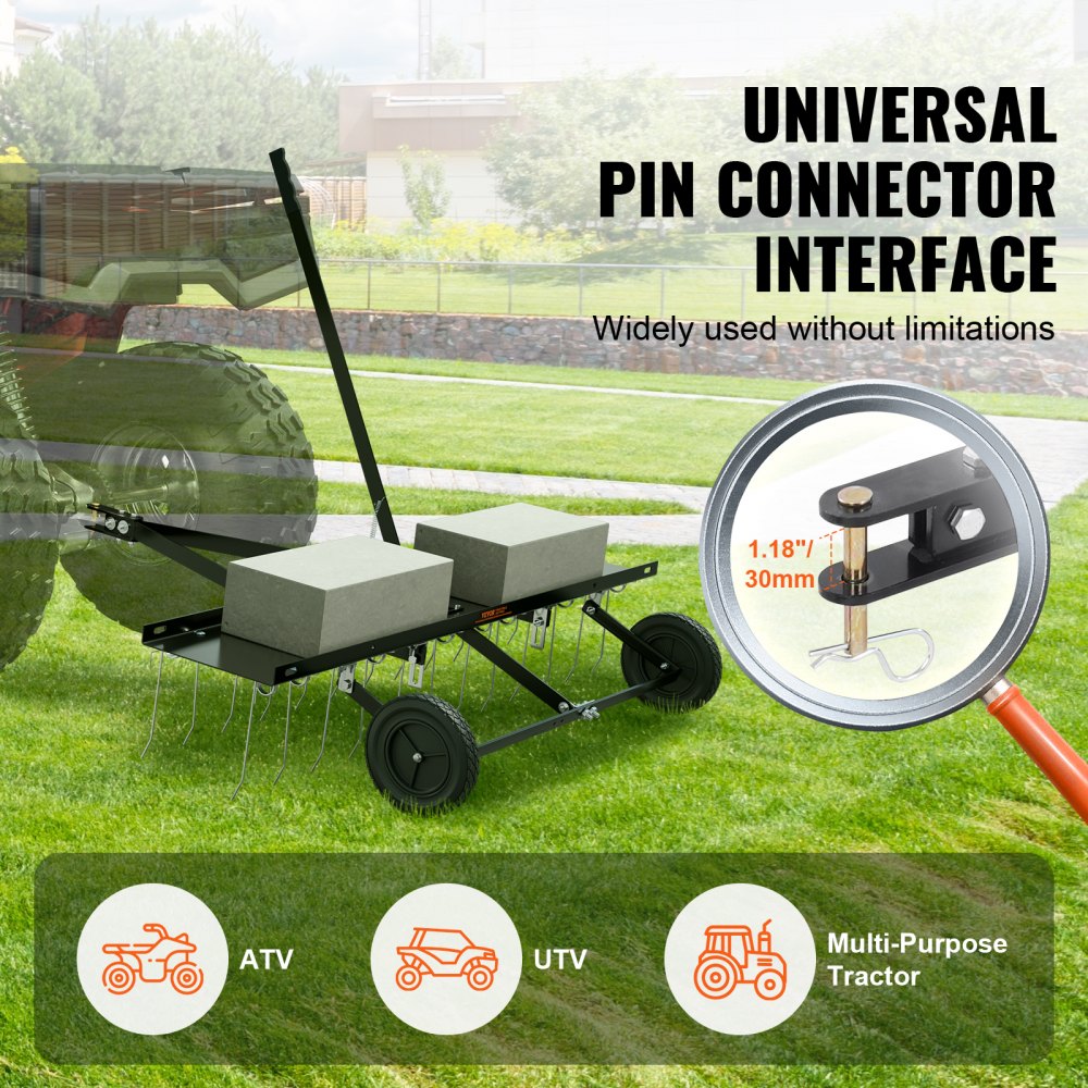 Tow Behind Dethatcher, 48-inch Tow Dethatcher with 24 Spring Steel Tines, Lawn Dethatcher Rake for ATV or Mower, Tow Behind Lawn Rake with Lift Handle for Garden Farm Grass