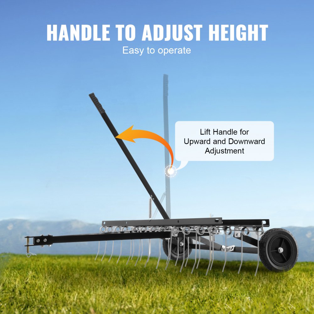Tow Behind Dethatcher, 48-inch Tow Dethatcher with 24 Spring Steel Tines, Lawn Dethatcher Rake for ATV or Mower, Tow Behind Lawn Rake with Lift Handle for Garden Farm Grass