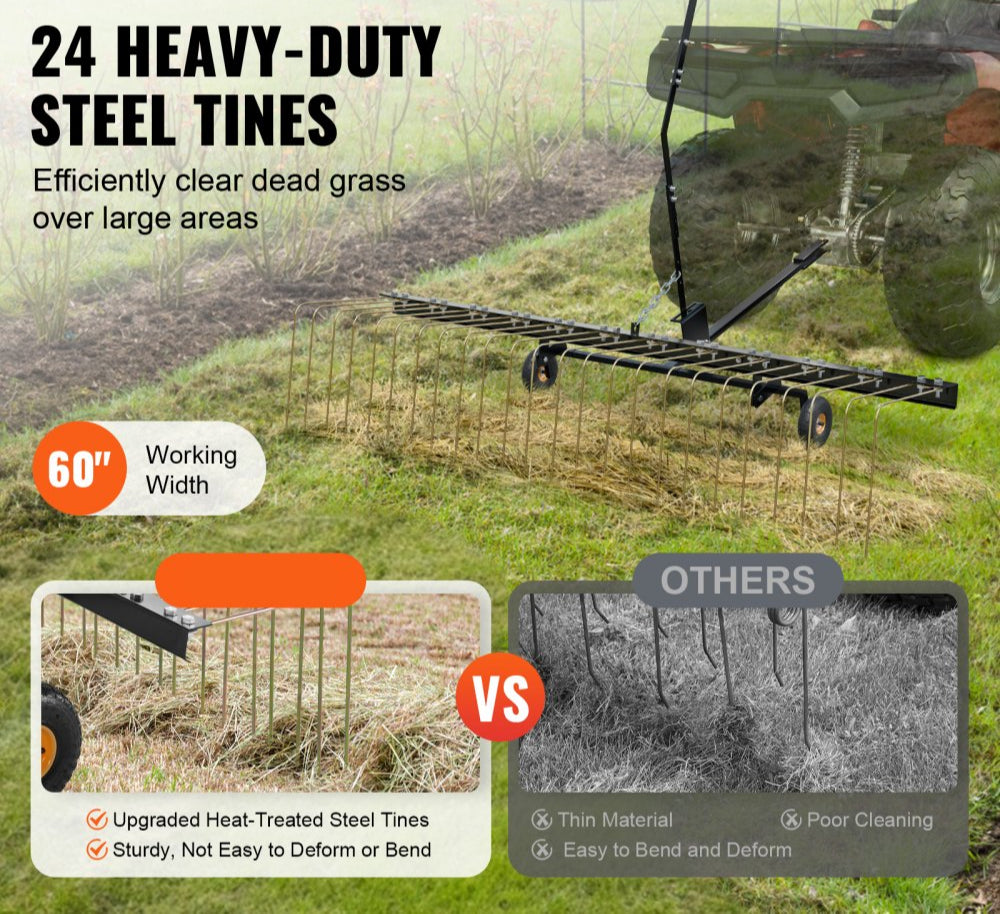 Tow Behind Dethatcher 60 inch Lawn Rake 24 Steel Tines ATV Mower Grass Leaf Pine Needle