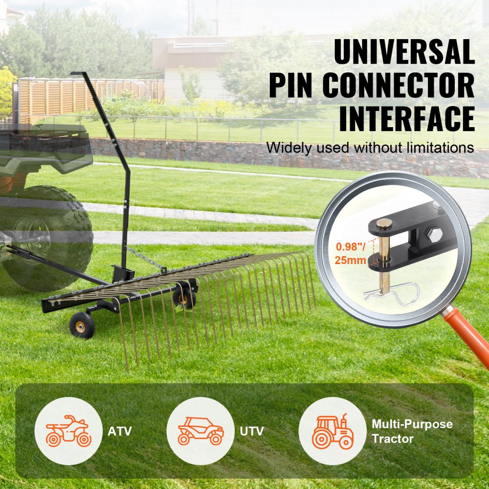 Tow Behind Dethatcher 60 inch Lawn Rake 24 Steel Tines ATV Mower Grass Leaf Pine Needle