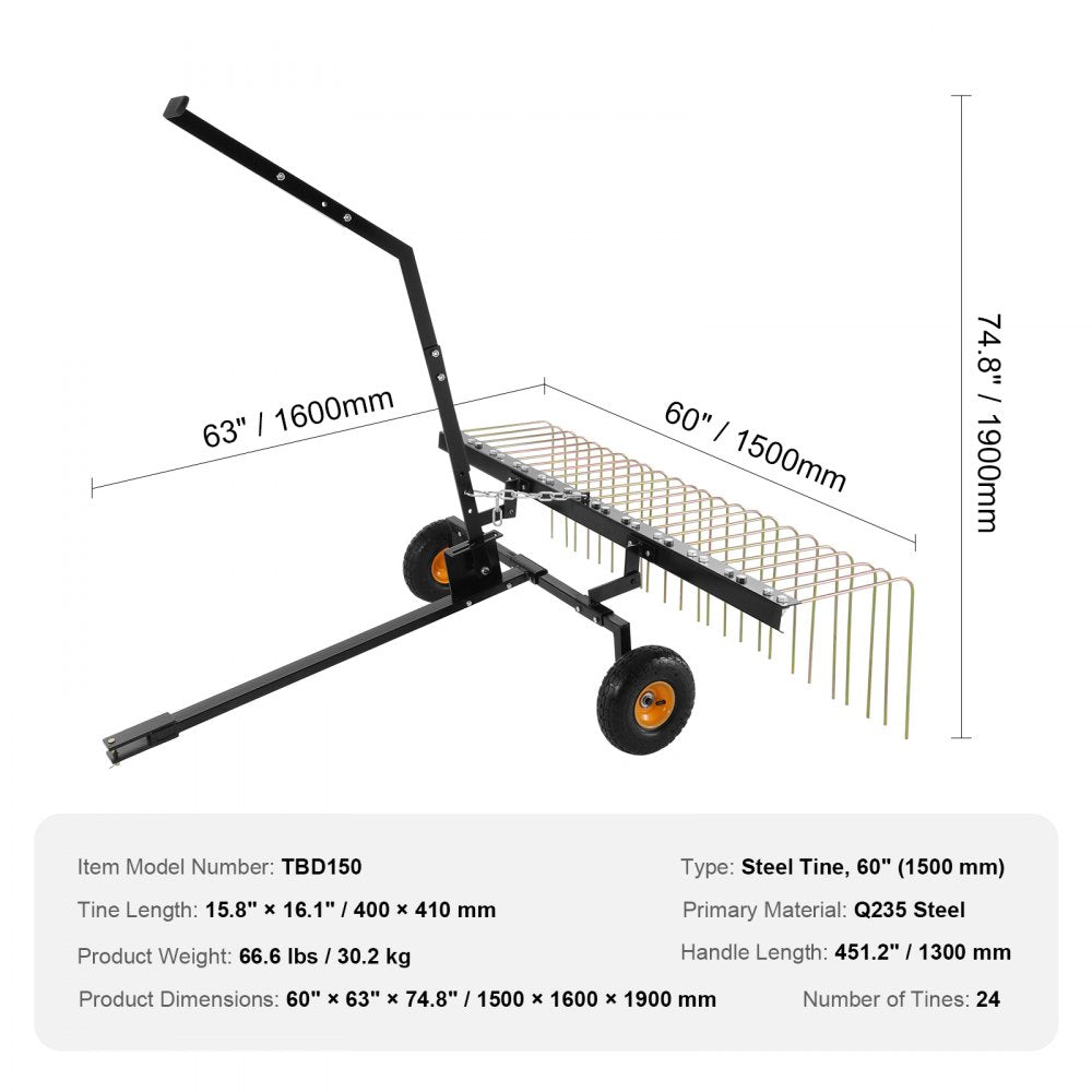 Tow Behind Dethatcher 60 inch Lawn Rake 24 Steel Tines ATV Mower Grass Leaf Pine Needle