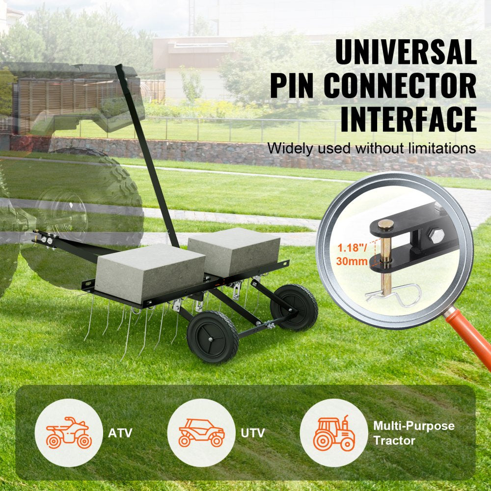 Tow Behind Dethatcher 40in with 20 Spring Steel Tines Lawn Dethatcher Rake for ATV or Mower Tow Behind Lawn Rake with Lift Handle for Garden Farm Grass