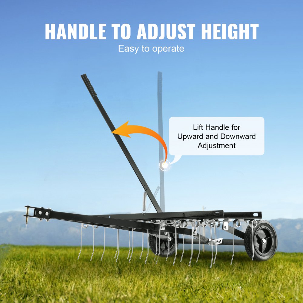 Tow Behind Dethatcher 40in with 20 Spring Steel Tines Lawn Dethatcher Rake for ATV or Mower Tow Behind Lawn Rake with Lift Handle for Garden Farm Grass