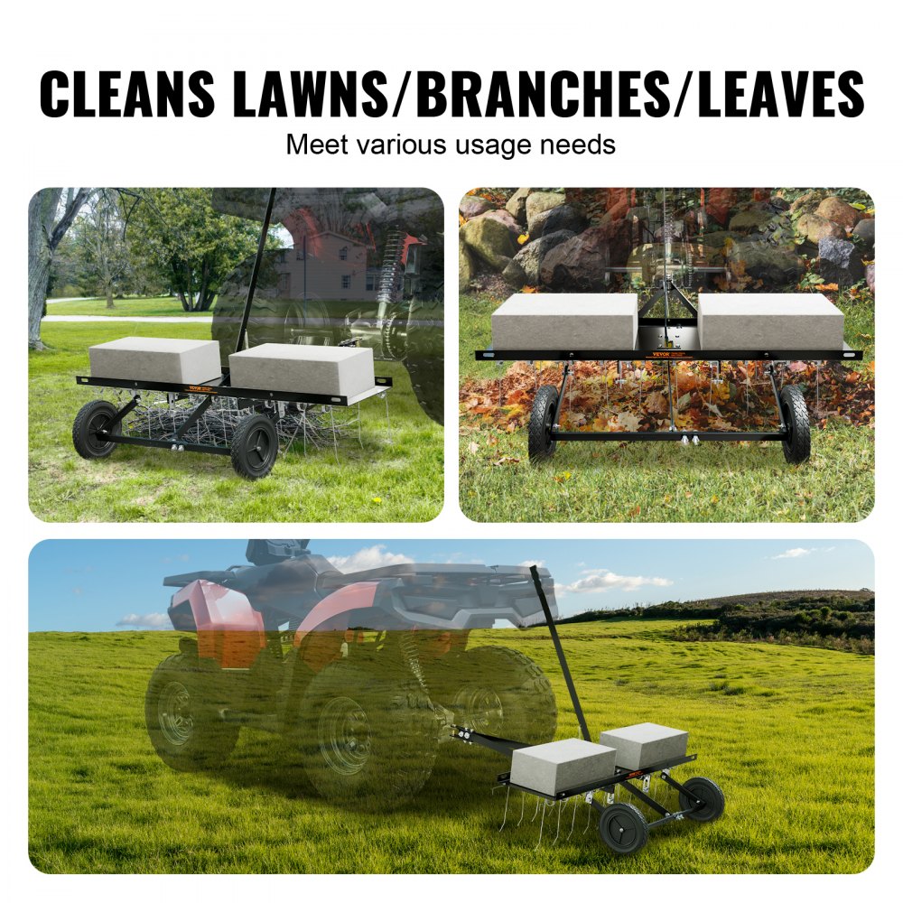 Tow Behind Dethatcher 40in with 20 Spring Steel Tines Lawn Dethatcher Rake for ATV or Mower Tow Behind Lawn Rake with Lift Handle for Garden Farm Grass