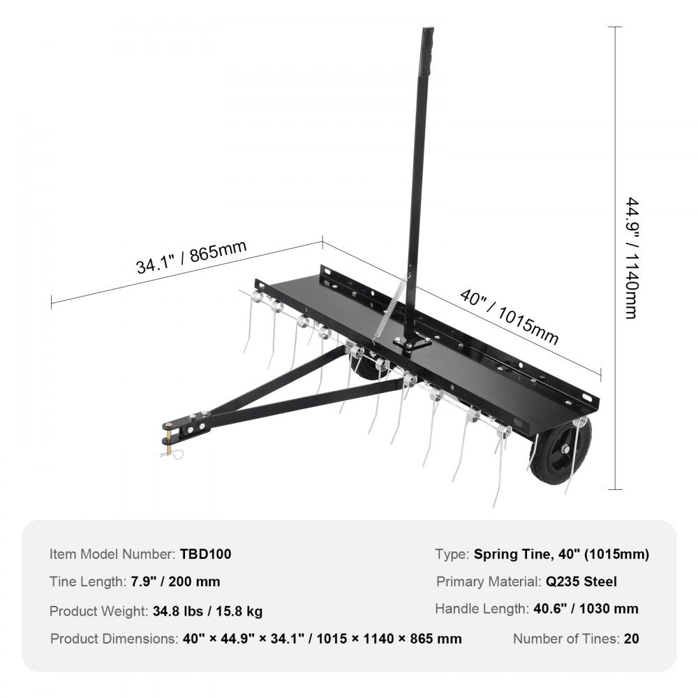 Tow Behind Dethatcher 40in with 20 Spring Steel Tines Lawn Dethatcher Rake for ATV or Mower Tow Behind Lawn Rake with Lift Handle for Garden Farm Grass