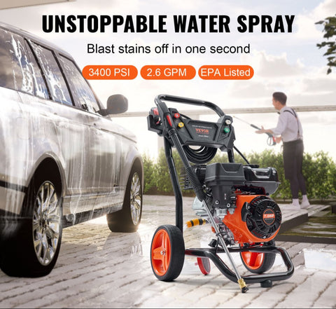 Gas Pressure Washer, 3400 PSI 2.6 GPM, Gas Powered Pressure Washer with Aluminum Pump, Spray Gun and Extension Wand, 5 Quick Connect Nozzles, for Cleaning Cars, Homes, Driveways, Patios