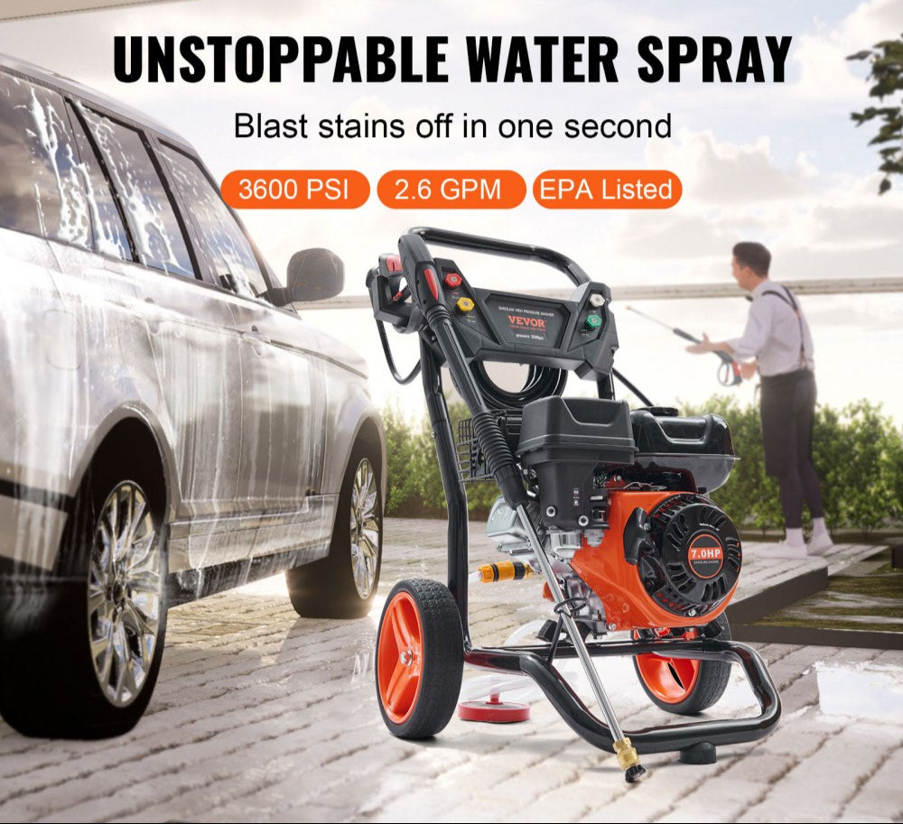 Gas Pressure Washer 3600 PSI 2.6 GPM with Copper Pump Spray Gun Extension Wand and 5 Quick Connect Nozzles for Cleaning Cars Homes Driveways Patios