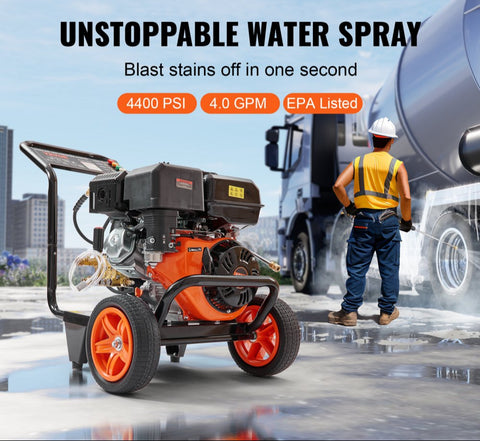 Gas Pressure Washer 4400 PSI 4.0 GPM with Copper Pump Spray Gun Extension Wand 5 Nozzles for Cars Homes Driveways Patios