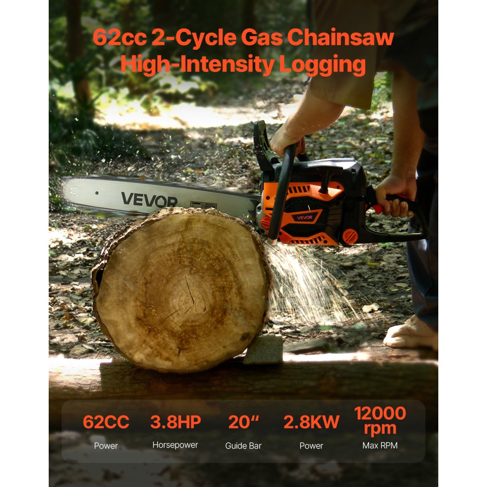 62cc Gas Chainsaw 3.8HP Gas Powered 20in Chainsaw for Wood Cutting