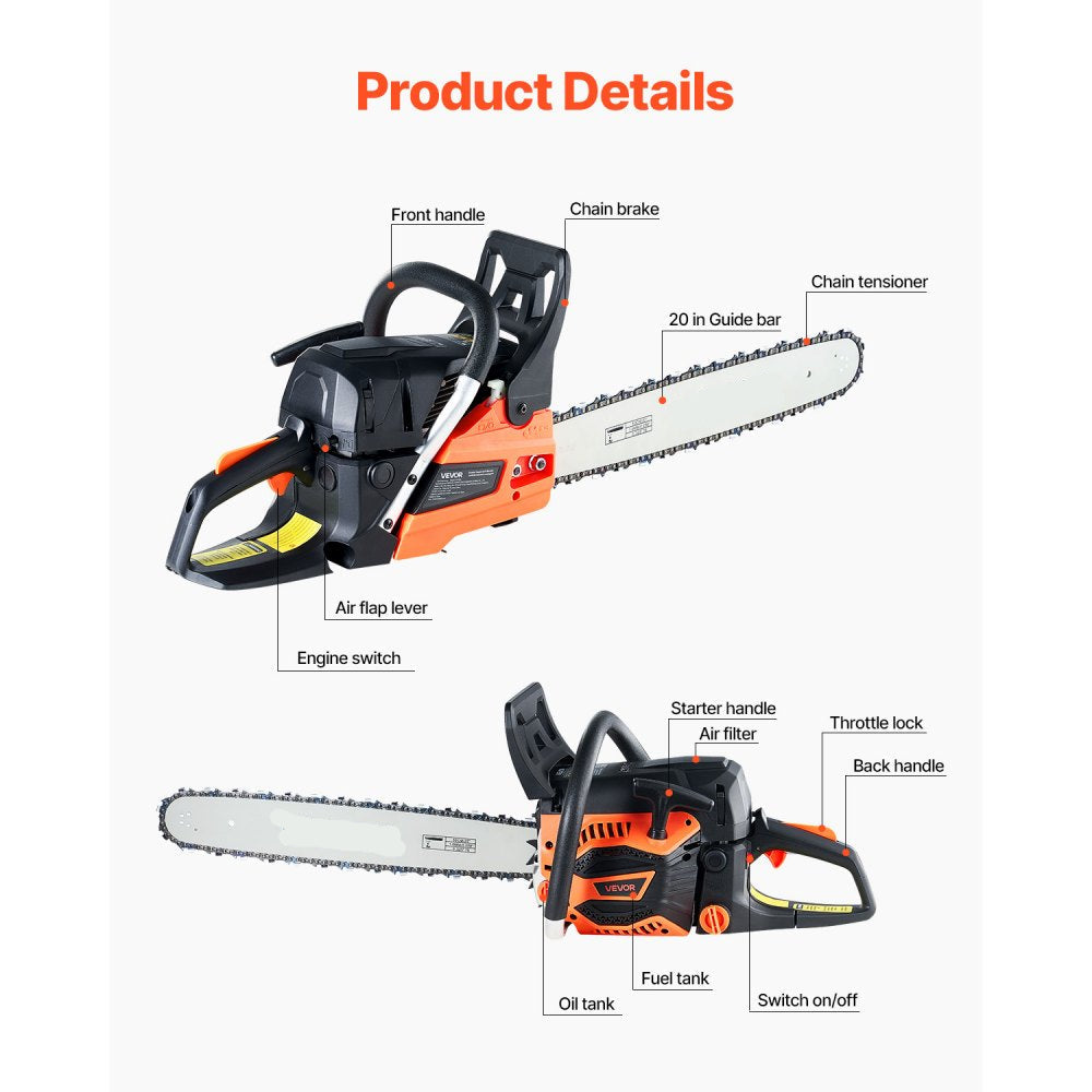 62cc Gas Chainsaw 3.8HP Gas Powered 20in Chainsaw for Wood Cutting