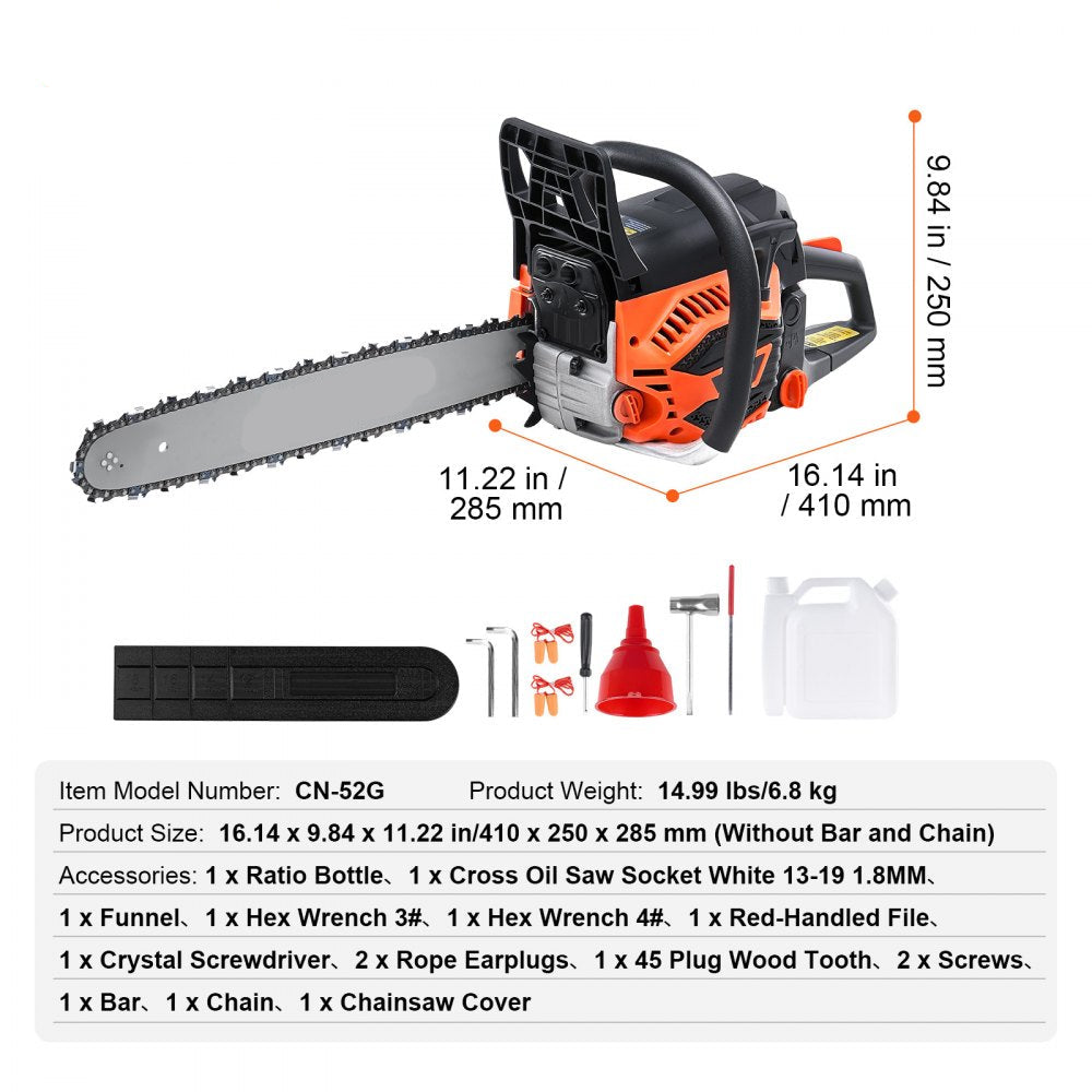 52CC 18in Gasoline Chainsaw Gas Powered Wood Cutting Engine Chain Saw