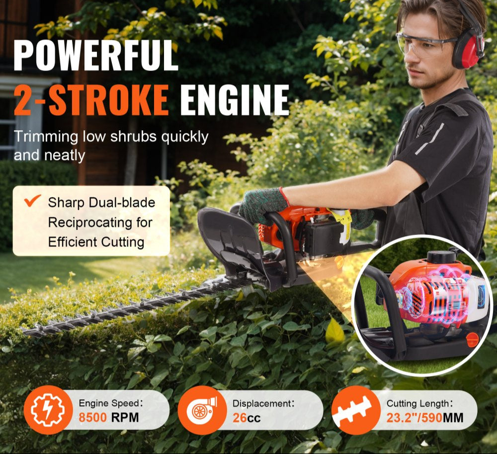 23.2in 26cc 2 Cycle Gas Hedge Trimmer Dual Sided Blade Handheld Trimmer with 180 Degree Adjustable Head for Shrubs and Low Bushes