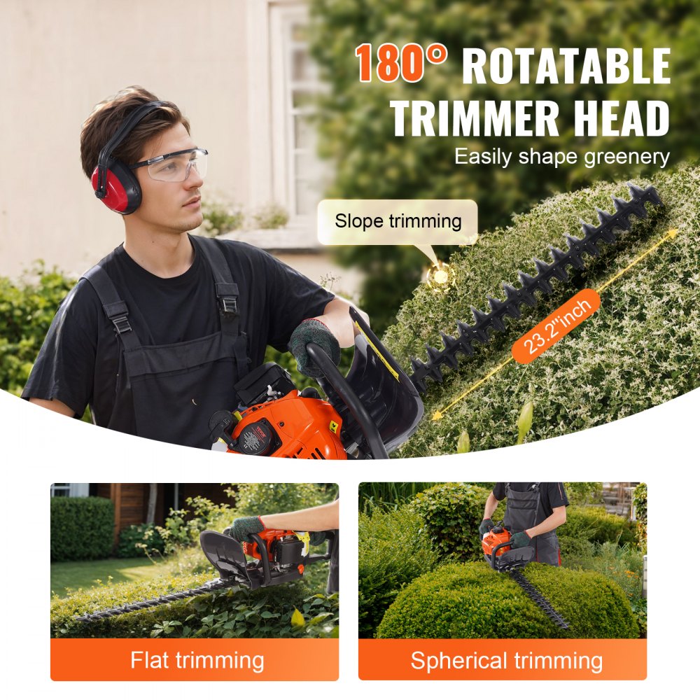 23.2in 26cc 2 Cycle Gas Hedge Trimmer Dual Sided Blade Handheld Trimmer with 180 Degree Adjustable Head for Shrubs and Low Bushes