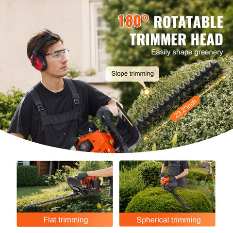 23.2in 26cc 2 Cycle Gas Hedge Trimmer Dual Sided Blade Handheld Trimmer with 180 Degree Adjustable Head for Shrubs and Low Bushes