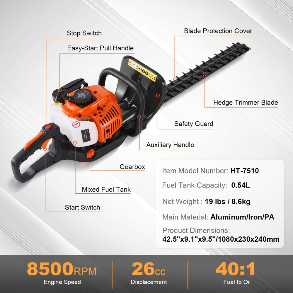 23.2in 26cc 2 Cycle Gas Hedge Trimmer Dual Sided Blade Handheld Trimmer with 180 Degree Adjustable Head for Shrubs and Low Bushes