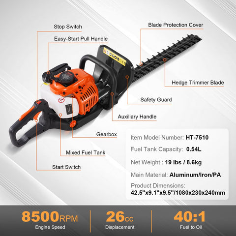 23.2in 26cc 2 Cycle Gas Hedge Trimmer Dual Sided Blade Handheld Trimmer with 180 Degree Adjustable Head for Shrubs and Low Bushes