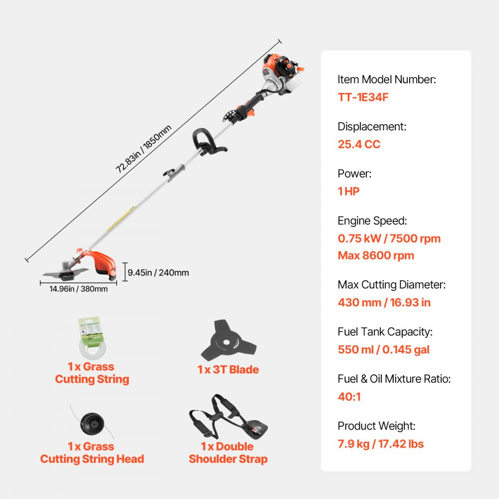 Gas String Trimmer 25.2cc 2 Stroke 16.9in Cordless Weed Wacker Lawn Edger with Shoulder Strap and 3T Blade for Grass and Weed Cleaning