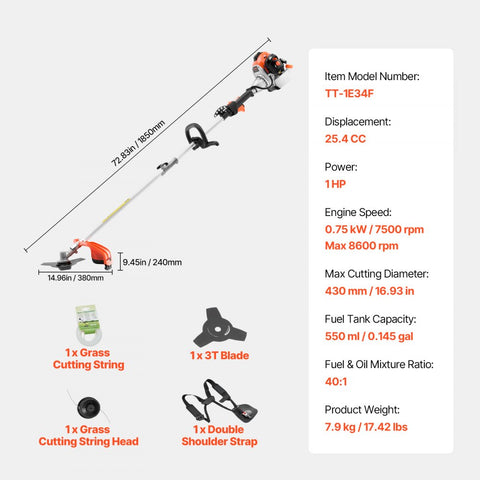 Gas String Trimmer 25.2cc 2 Stroke 16.9in Cordless Weed Wacker Lawn Edger with Shoulder Strap and 3T Blade for Grass and Weed Cleaning