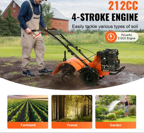 Tiller Cultivator 212cc 4 Stroke Garden Tiller with 4 Steel Adjustable Rear Tines for Lawn Garden Field Soil Cultivation