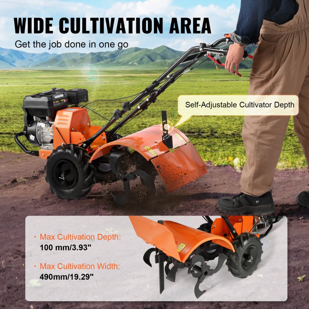 Tiller Cultivator 212cc 4 Stroke Garden Tiller with 4 Steel Adjustable Rear Tines for Lawn Garden Field Soil Cultivation