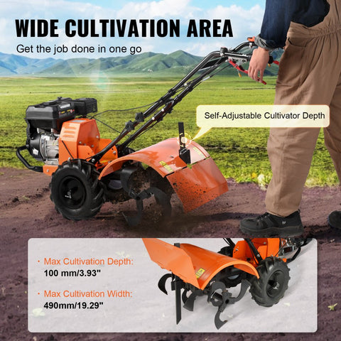 Tiller Cultivator 212cc 4 Stroke Garden Tiller with 4 Steel Adjustable Rear Tines for Lawn Garden Field Soil Cultivation