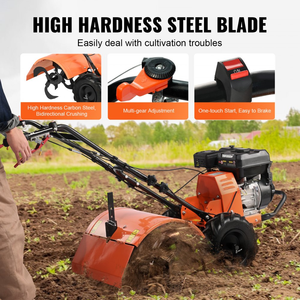 Tiller Cultivator 212cc 4 Stroke Garden Tiller with 4 Steel Adjustable Rear Tines for Lawn Garden Field Soil Cultivation