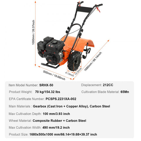 Tiller Cultivator 212cc 4 Stroke Garden Tiller with 4 Steel Adjustable Rear Tines for Lawn Garden Field Soil Cultivation