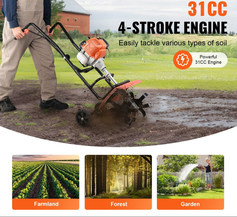 Tiller Cultivator 31CC 4 Stroke Garden Cultivator with 4 Steel Adjustable Front Tines for Lawn Garden and Field Cultivation