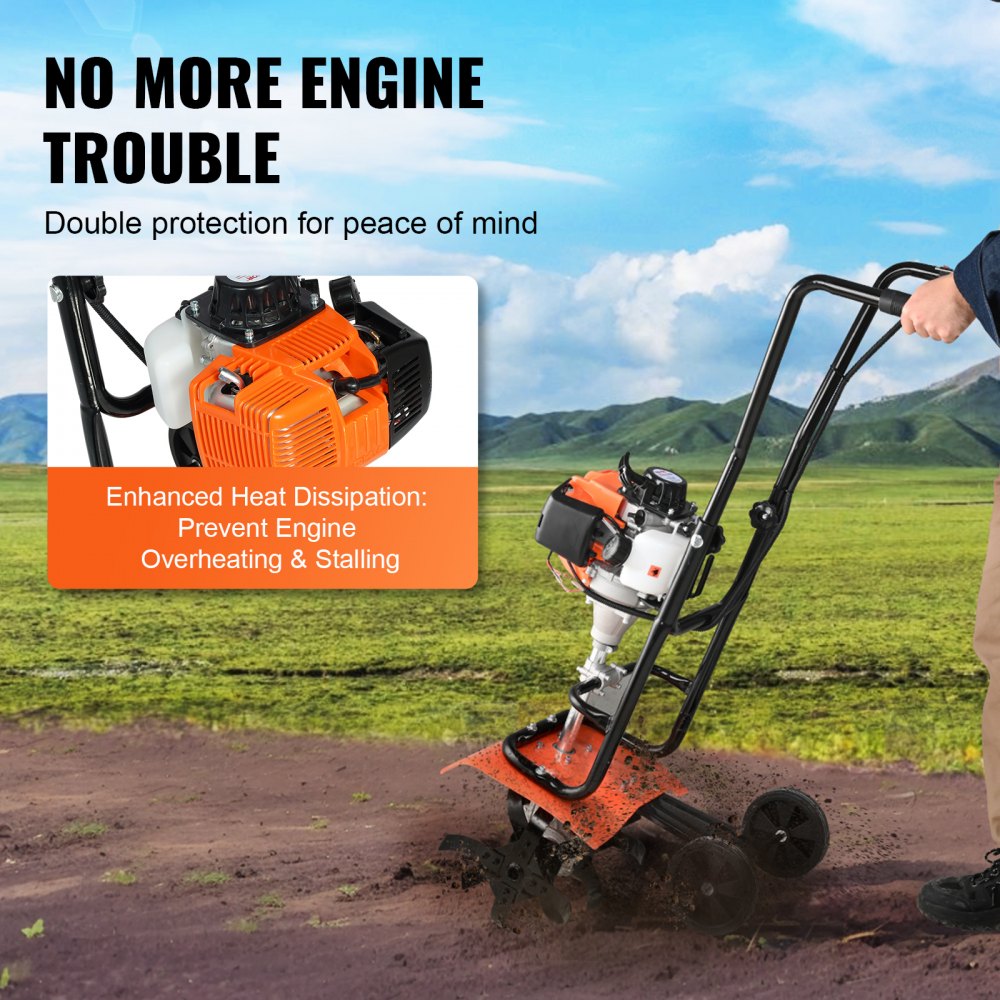 Tiller Cultivator 31CC 4 Stroke Garden Cultivator with 4 Steel Adjustable Front Tines for Lawn Garden and Field Cultivation