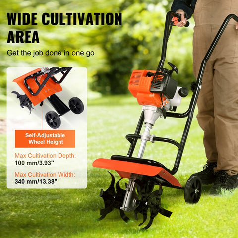 Tiller Cultivator 31CC 4 Stroke Garden Cultivator with 4 Steel Adjustable Front Tines for Lawn Garden and Field Cultivation