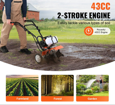 Tiller Cultivator, 43CC 2-Stroke, 4 Steel Adjustable Front Tines for Lawn, Garden & Field