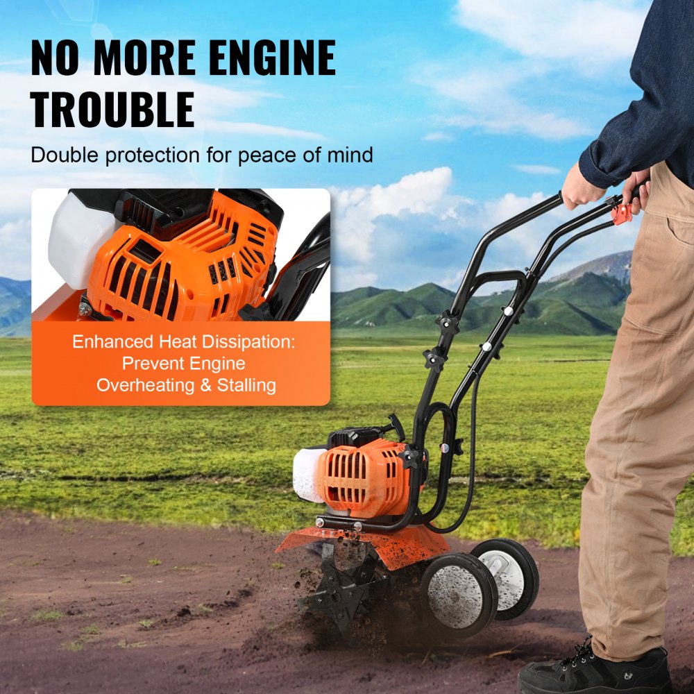 Tiller Cultivator, 43CC 2-Stroke, 4 Steel Adjustable Front Tines for Lawn, Garden & Field