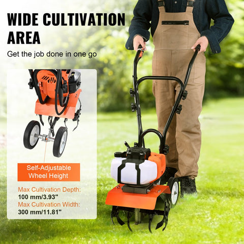 Tiller Cultivator, 43CC 2-Stroke, 4 Steel Adjustable Front Tines for Lawn, Garden & Field