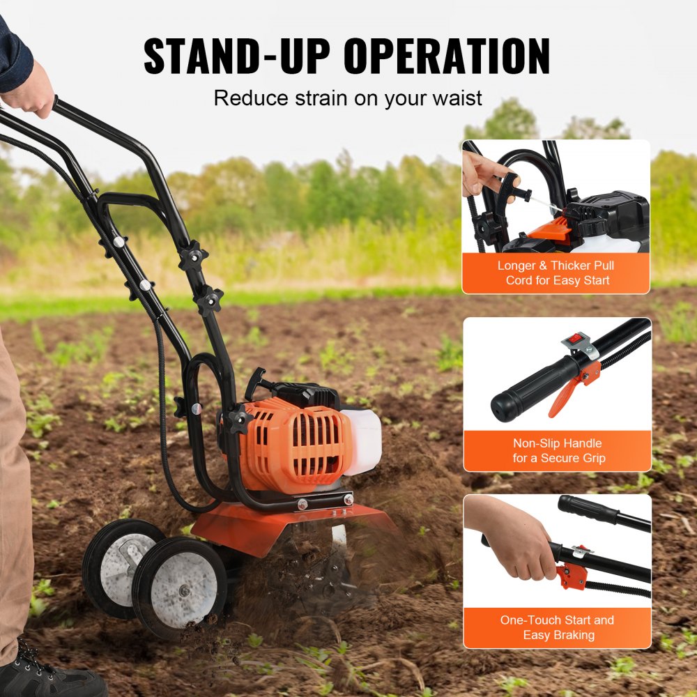 Tiller Cultivator, 43CC 2-Stroke, 4 Steel Adjustable Front Tines for Lawn, Garden & Field