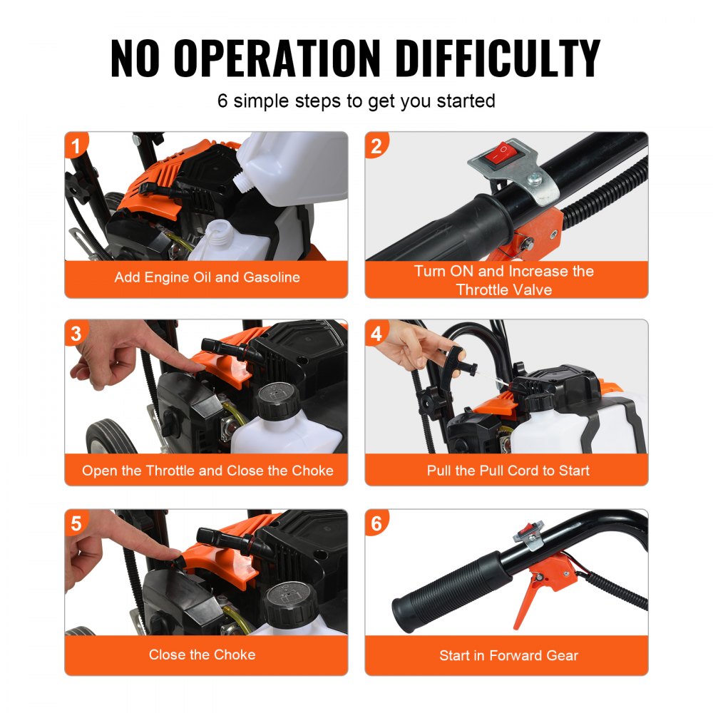 Tiller Cultivator, 43CC 2-Stroke, 4 Steel Adjustable Front Tines for Lawn, Garden & Field