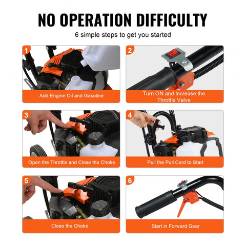 Tiller Cultivator, 43CC 2-Stroke, 4 Steel Adjustable Front Tines for Lawn, Garden & Field