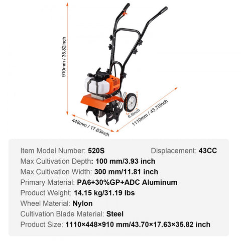 Tiller Cultivator, 43CC 2-Stroke, 4 Steel Adjustable Front Tines for Lawn, Garden & Field