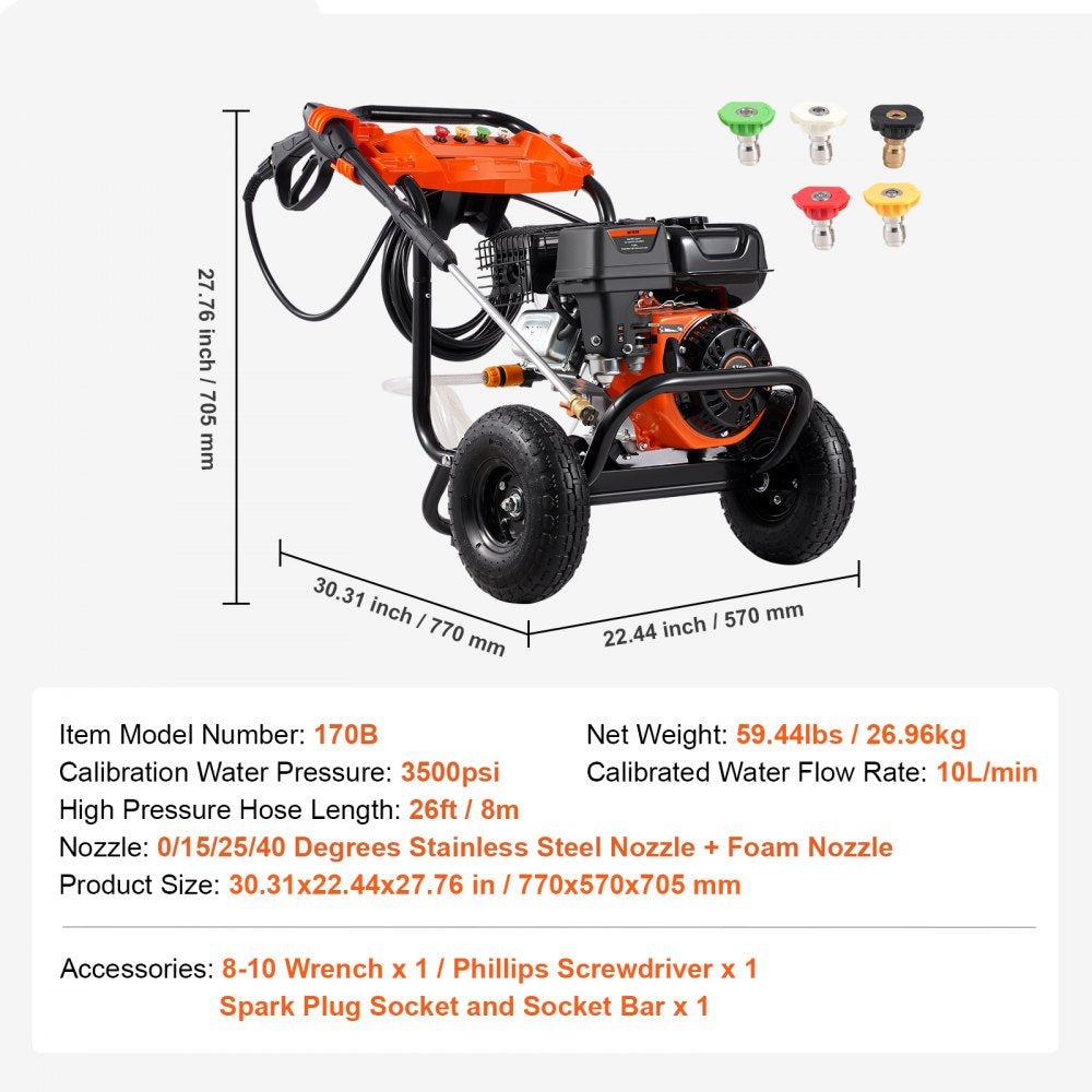 Gas Pressure Washer 3500 PSI 2.6 GPM with 5 Nozzle Set for Cars and Fences