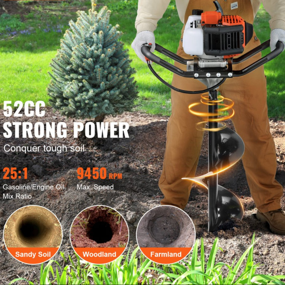 52cc 1450W petrol powered auger with two 6" and 10" auger heads and 3 extension poles