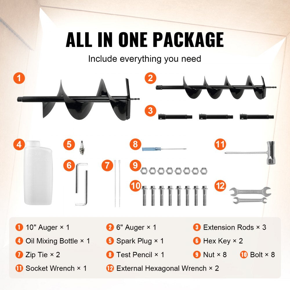 52cc 1450W petrol powered auger with two 6" and 10" auger heads and 3 extension poles