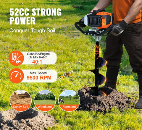 Gas Post Hole Digger 52CC 1450W with 8" Drill Bit & Extension Rod