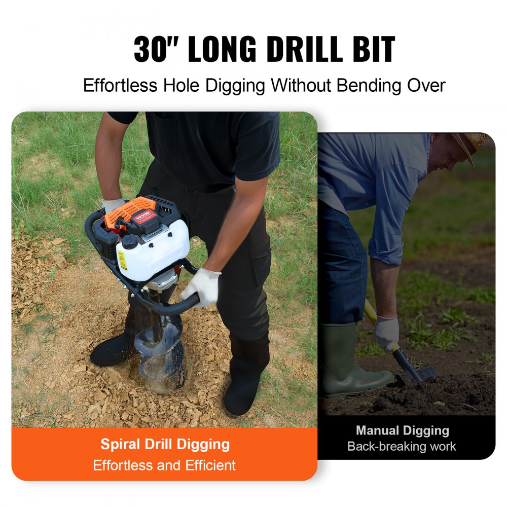 Gas Post Hole Digger 52CC 1450W with 8" Drill Bit & Extension Rod