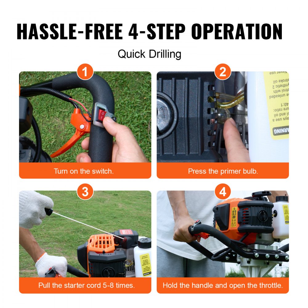 Gas Post Hole Digger 52CC 1450W with 8" Drill Bit & Extension Rod