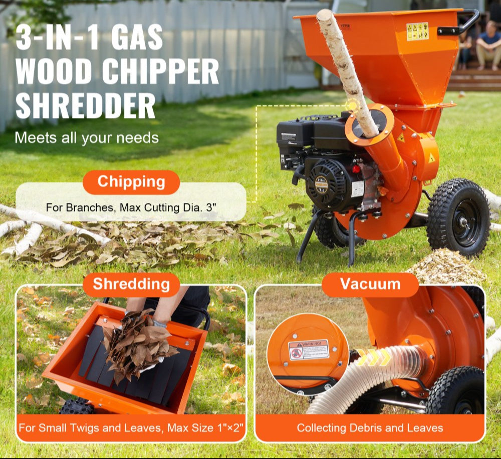 Wood Chipper Shredder Mulcher 7HP Heavy Duty Gas Powered 3in 212cc 4.1kW