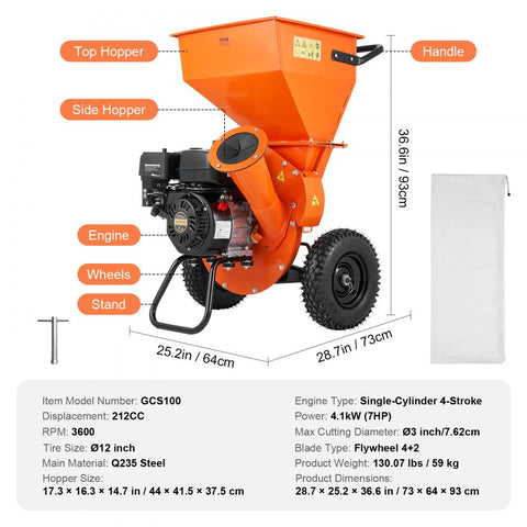 Wood Chipper Shredder Mulcher 7HP Heavy Duty Gas Powered 3in 212cc 4.1kW