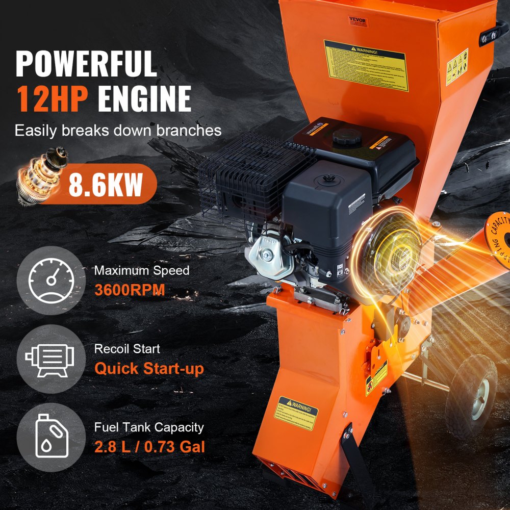 Wood Chipper Shredder Mulcher 12HP Gas Powered 420cc 86kW Heavy Duty 67in Capacity