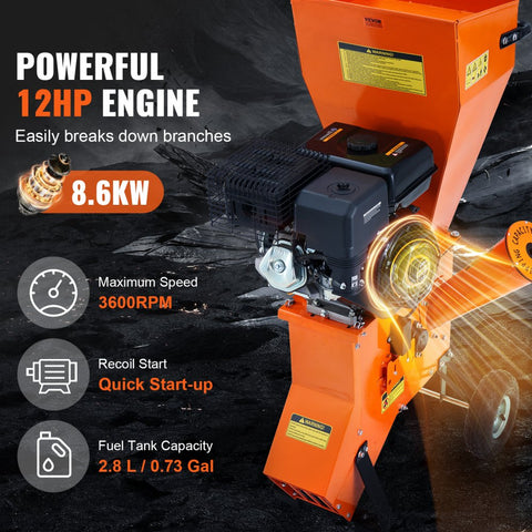 Wood Chipper Shredder Mulcher 12HP Gas Powered 420cc 86kW Heavy Duty 67in Capacity