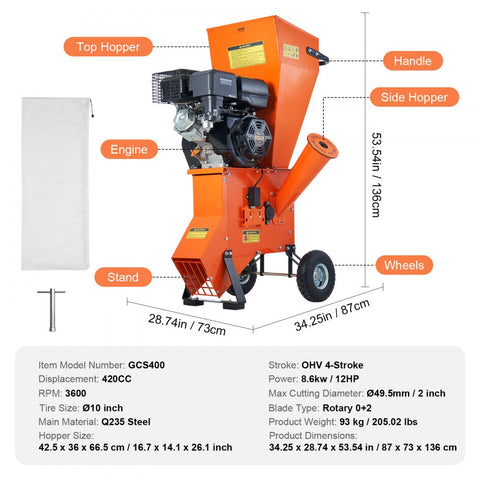 Wood Chipper Shredder Mulcher 12HP Gas Powered 420cc 86kW Heavy Duty 67in Capacity
